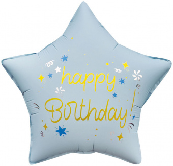 Шар-звезда, фольга, 18"/46 см,  ДР "Happy Birthday. Праздничные искры", голубой (Falali), инд. уп.